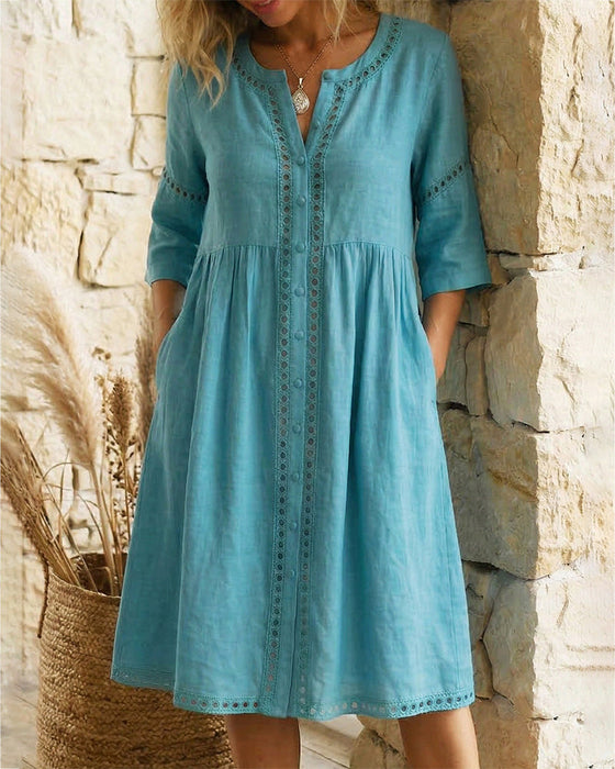 Klänning 100% Bomull Urholkad V-ringning Knapp-Fram