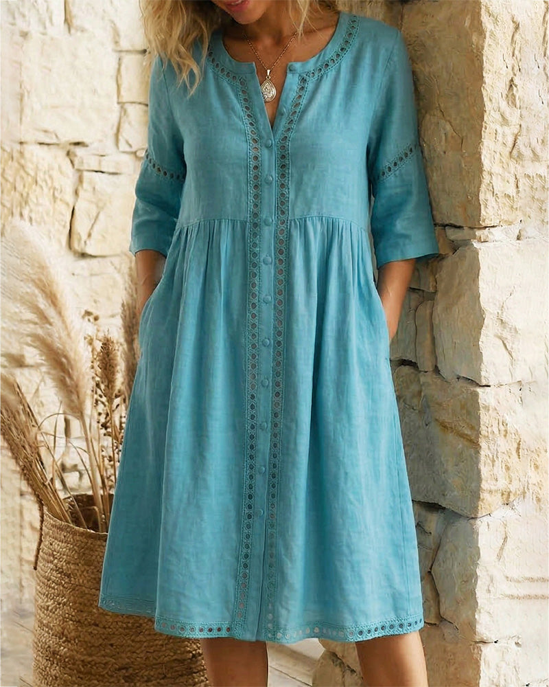 Klänning 100% Bomull Urholkad V-ringning Knapp-Fram