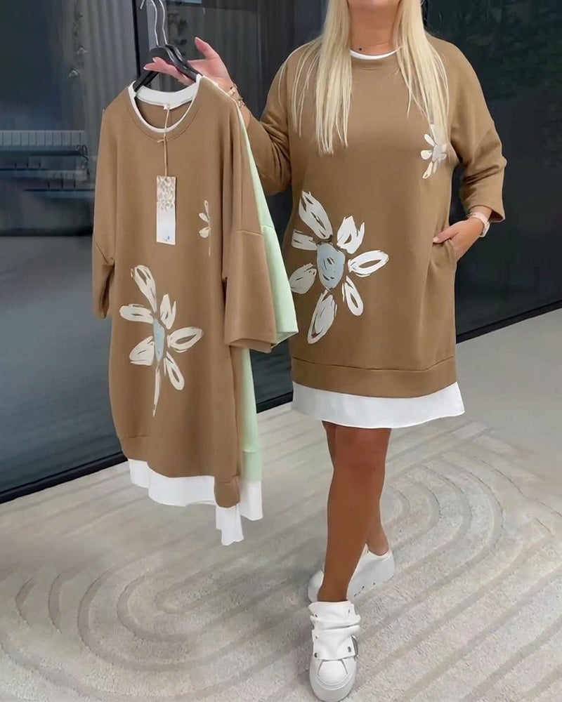 Sweatshirtklänning Rund Hals Tryckt Lappverk