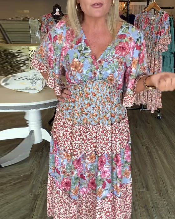 Klänning V-Ringning Lotuskärm Blommig