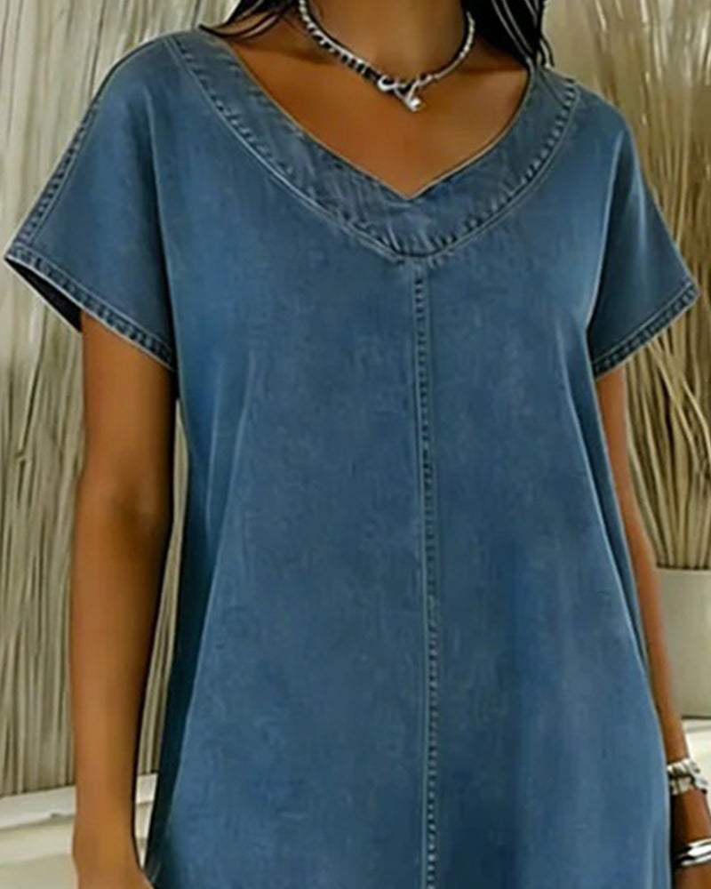 Klänning Avslappnad V-Hals Kort Ärm Denim
