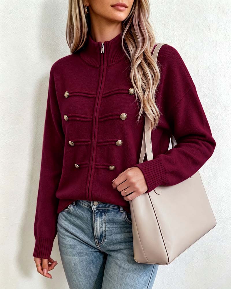 Cardigan Mandarin Krage Mode Dragkedja Stickad