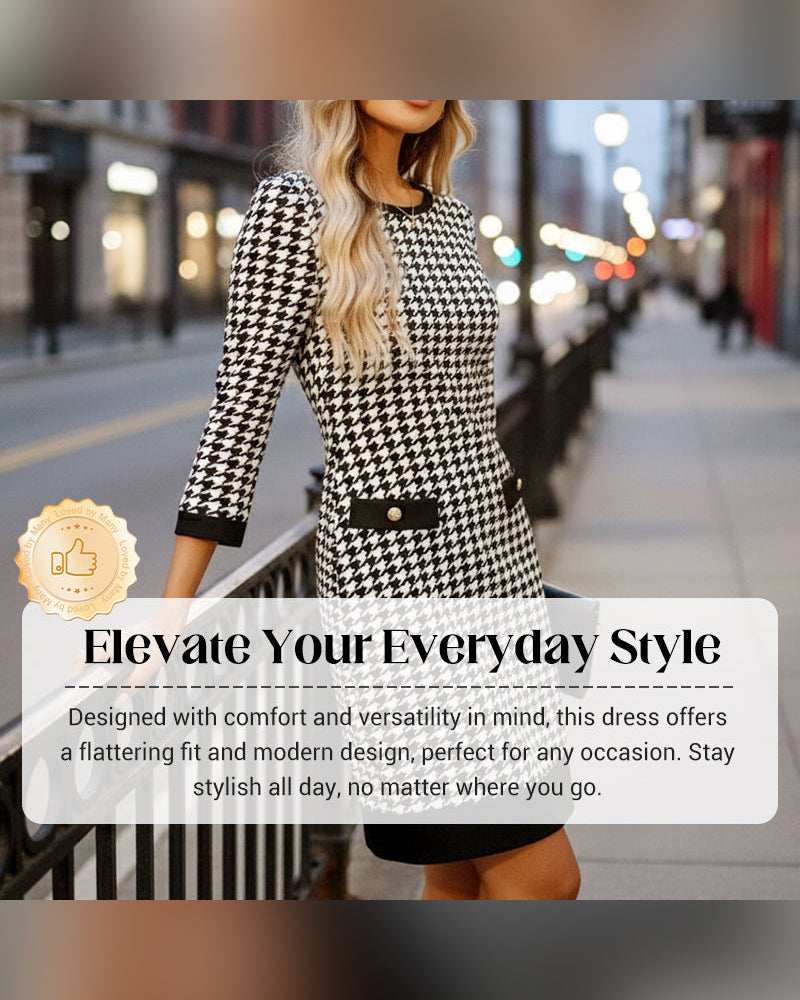 Klänning Dam Crewneck Hundtand Bodycon Midi