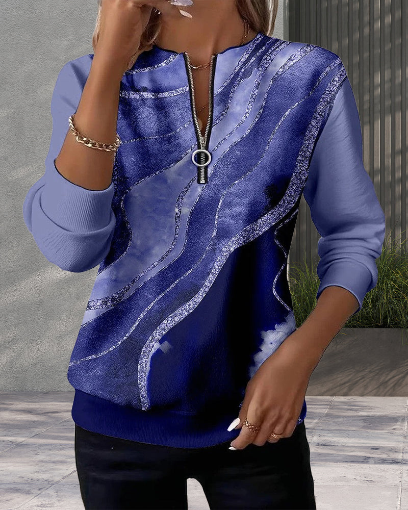 Sweatshirt Med Halv Dragkedja Och Vintage-Tryck