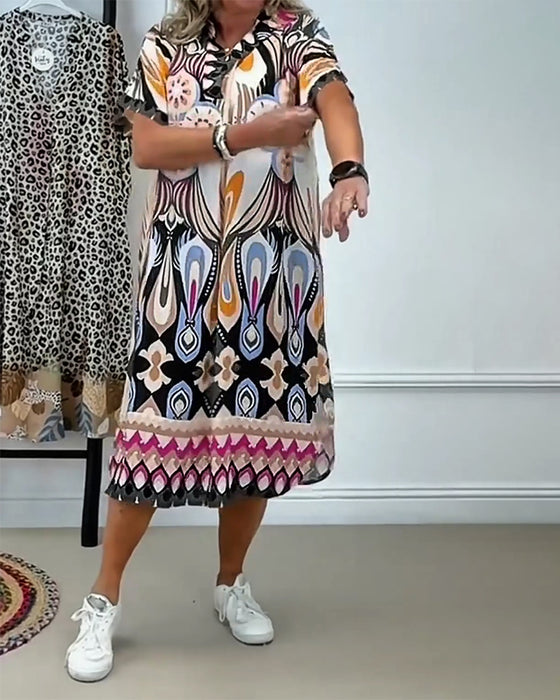 Klänning Boho Mönstrad Rak Kortärmad