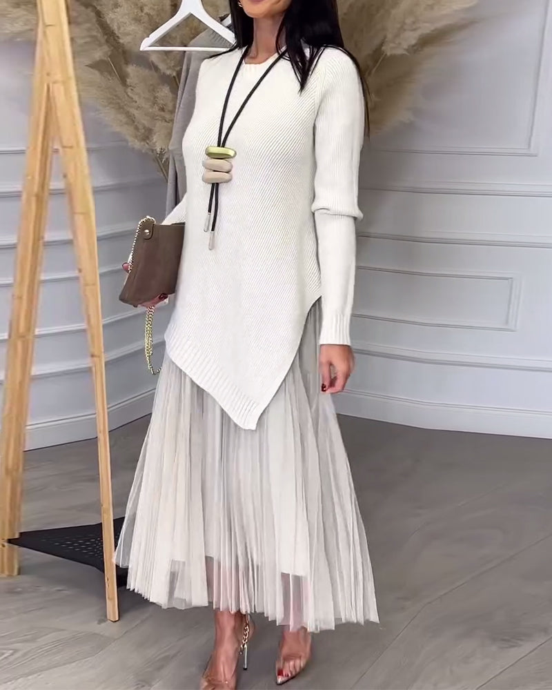 Tvådelat Set Med Pullover Och Kjol I Rund Halsringning Och Oregelbunden Design
