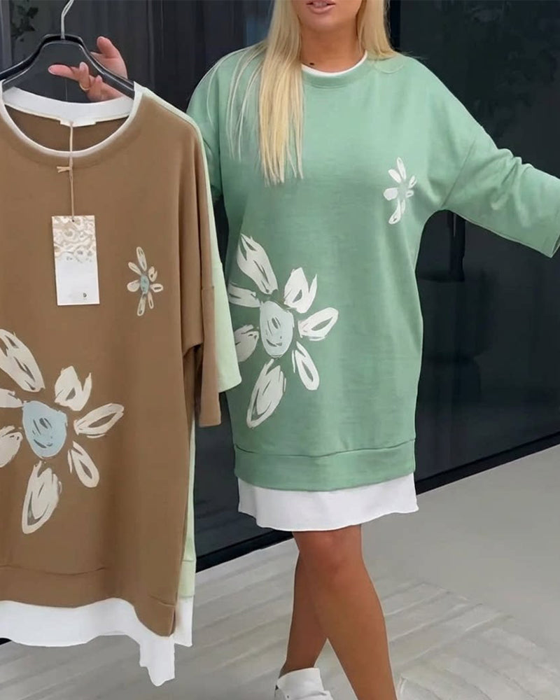 Sweatshirtklänning Rund Hals Tryckt Lappverk