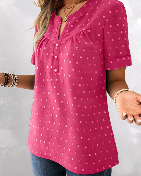 Blus Jacquard V-Hals Halvknäppning Kort Ärm