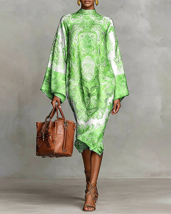 Höghalsad Klänning Med Vintagetryck