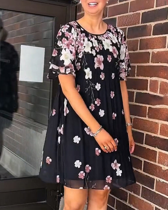 Klänning Ruffle Kortärmad Blommig Veckad