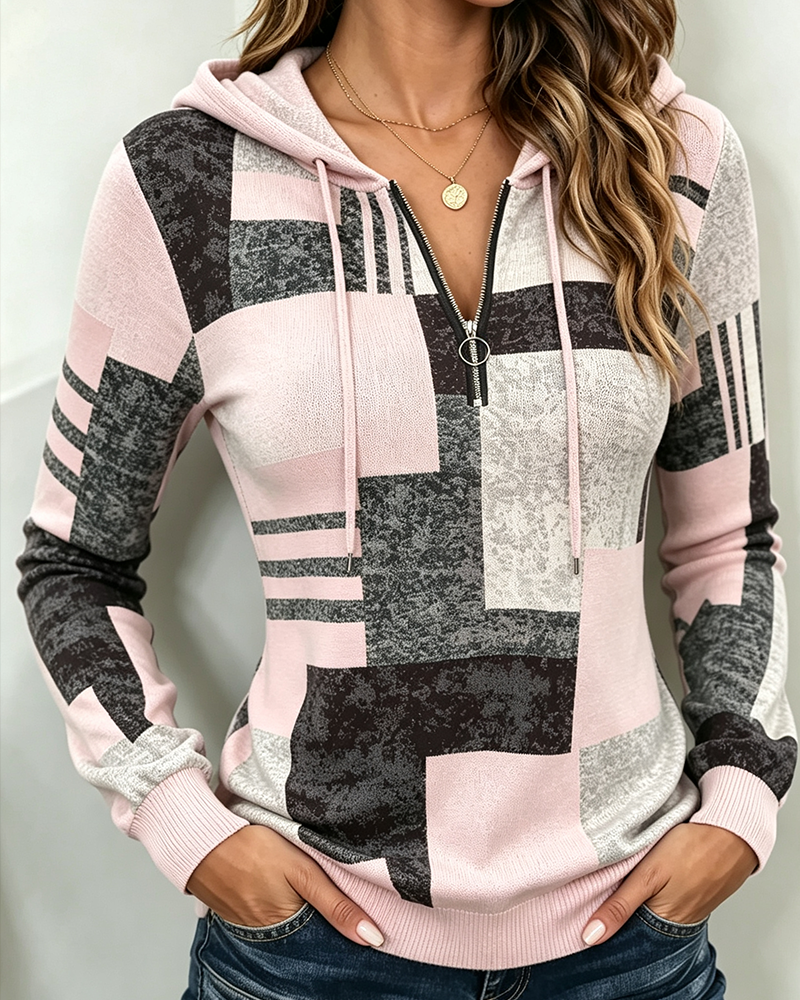 Hoodie Halv-Zip Ledig Kontrast Rutmönster