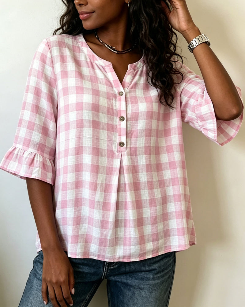 Blus V-Hals Knapp Fram Rutig Ruffle