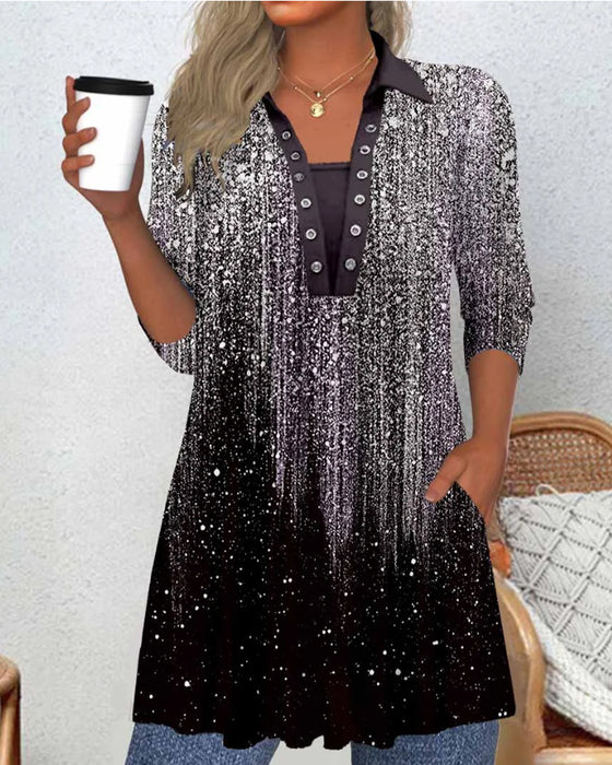 Långärmad Blus Med Krage Och Tryck