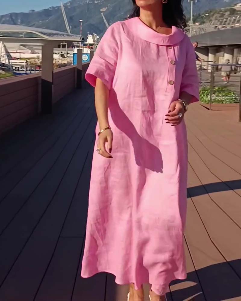 Klänning Krage Knapp Kort Ärm Shift