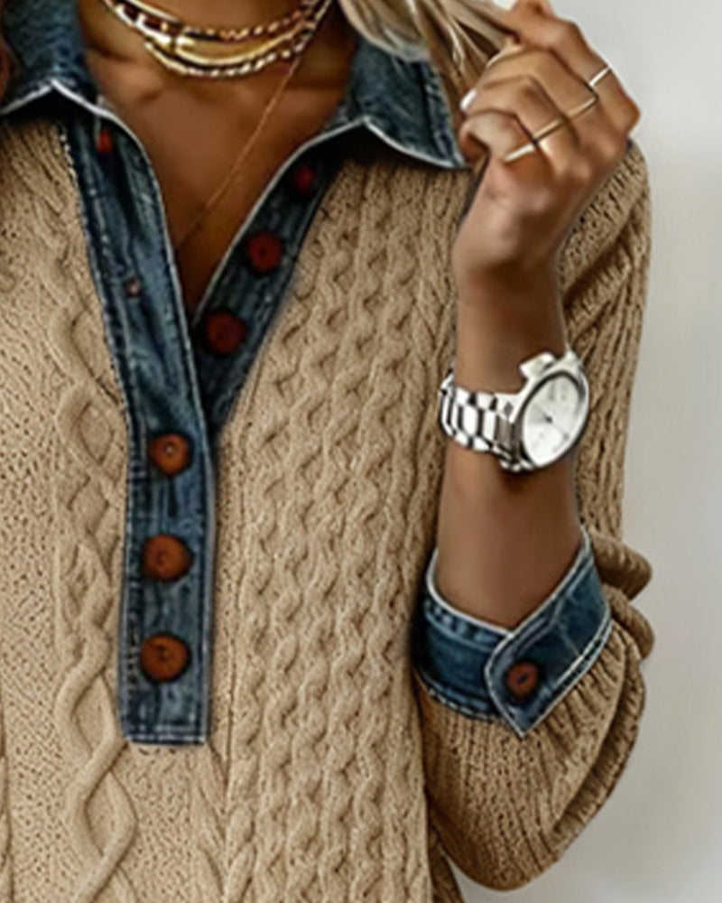 Kragklänning I Denim Med Flätstickning Och Lappverk