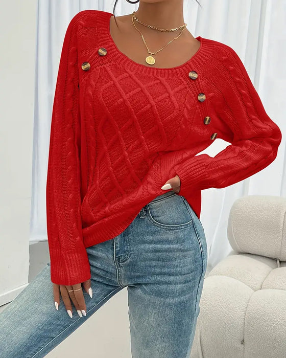 Tröja Enfärgad Raglanärm Spänne Kablestickning