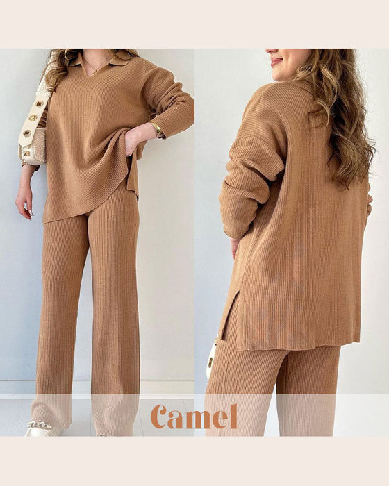 Tvådeltset Med Enfärgad Och Stickat Egenskaper