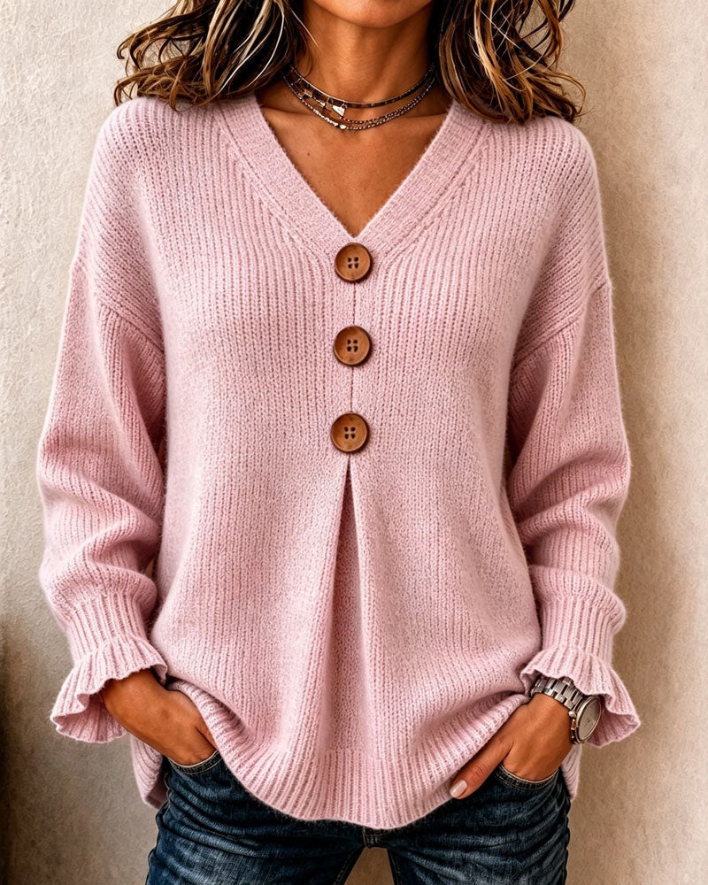 Tröja V-Hals Knapp Pullover