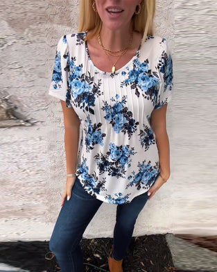 T-Shirt Med Rund Hals Blommönster Plisserad