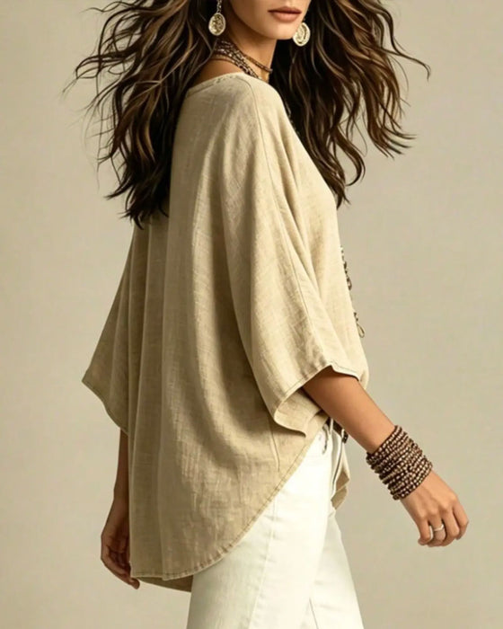 Blouse V-Hals Trefjärdedels Ärm Löst