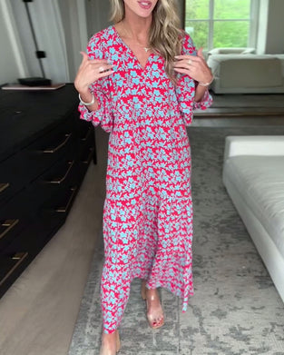 V-ringad blommig klänning med lykta ärm