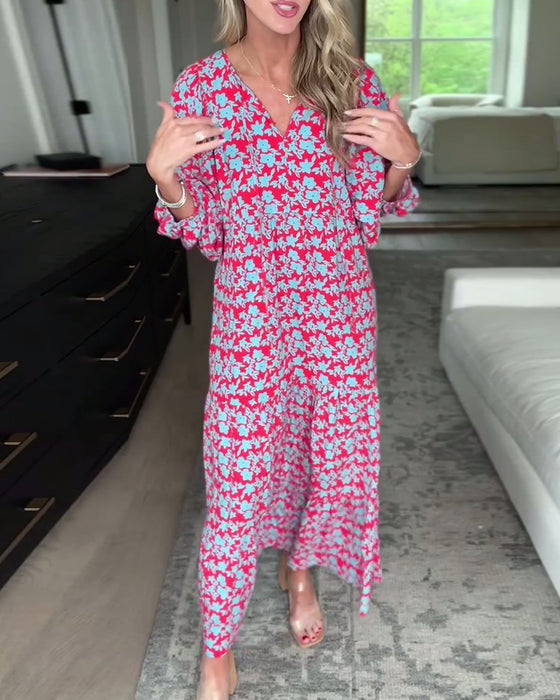 V-ringad blommig klänning med lykta ärm