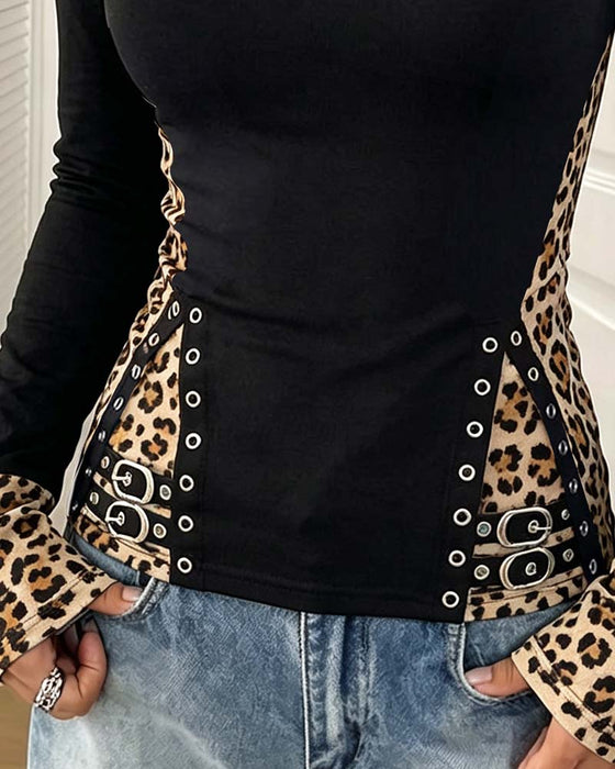 Topp Leopard Patchwork U-Hals Figursydd