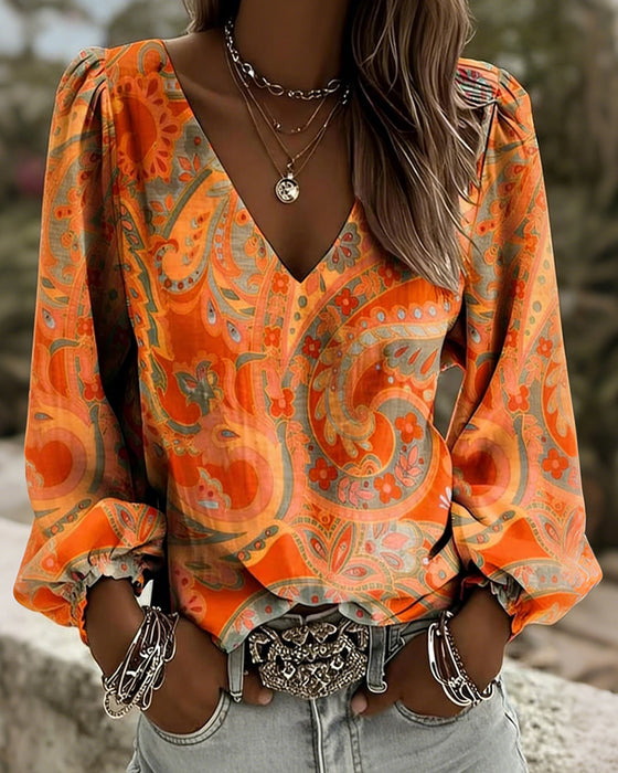 Blus Mönstrad V-Ringad Puffärm