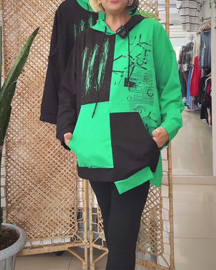 Tröja avslappnad huva färgblock tryckt