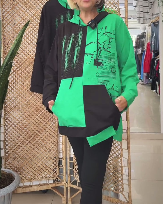 Tröja avslappnad huva färgblock tryckt