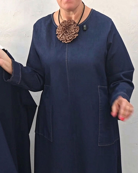 Klänning Rund Hals Ficka Rak Lång Ärm Denim