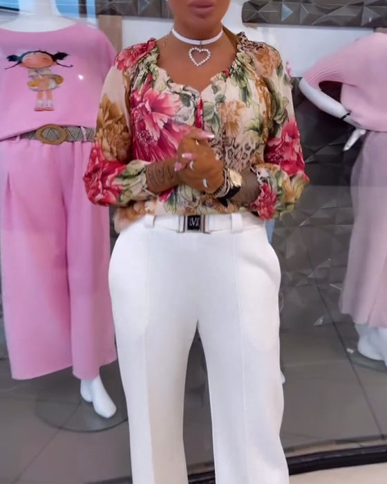 Blus Med V-Ringad Blommönster