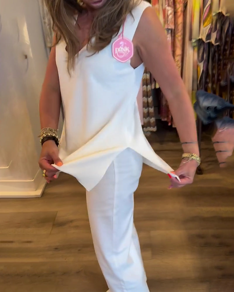 Linne V-Hals Ärmlös Solid