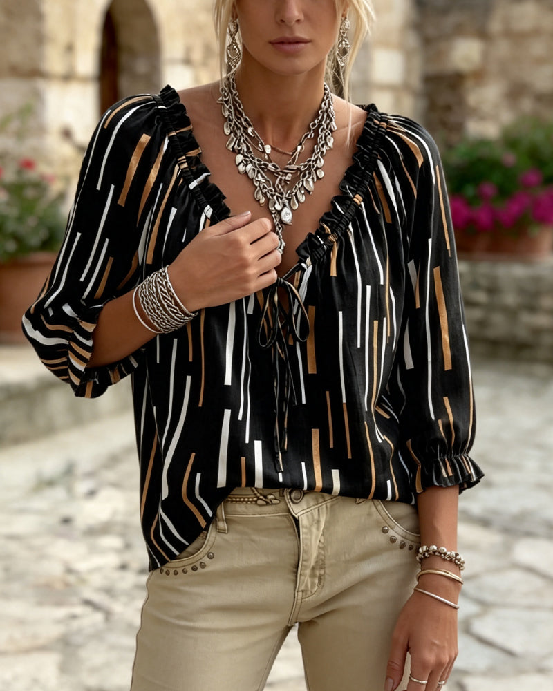 Blus V-Hals Ruffle Trim Rand
