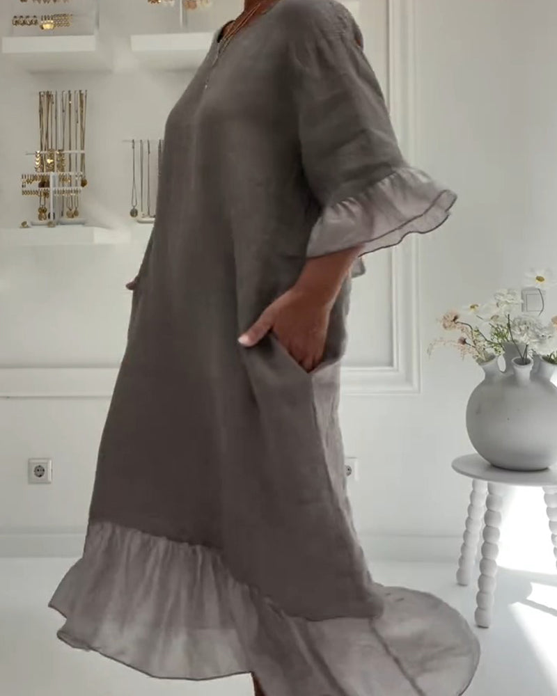 Klädning Ruffle Ficka Casual