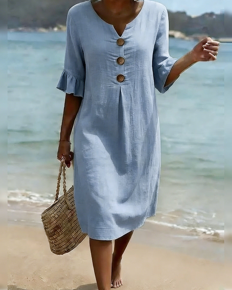 Klänning Knapp Rynkad Ärm 100% Bomull