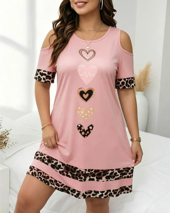 Klänning Rund Hals Off-Shoulder Leopard Hjärta