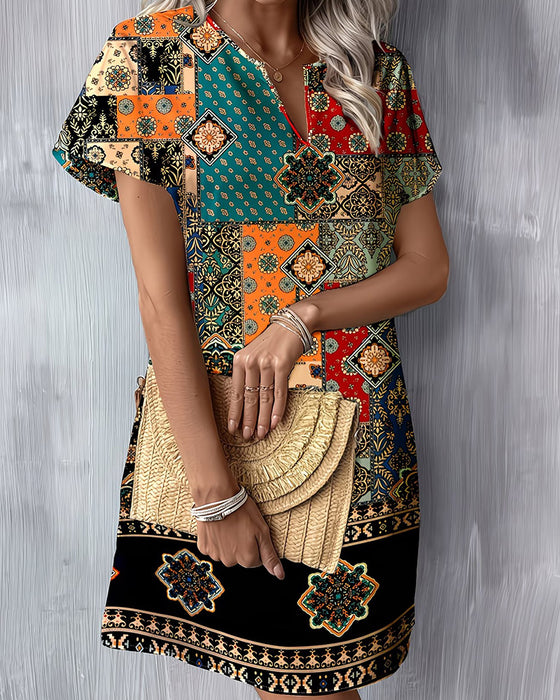 Klänning Etnisk Färgblock Kort Ärm