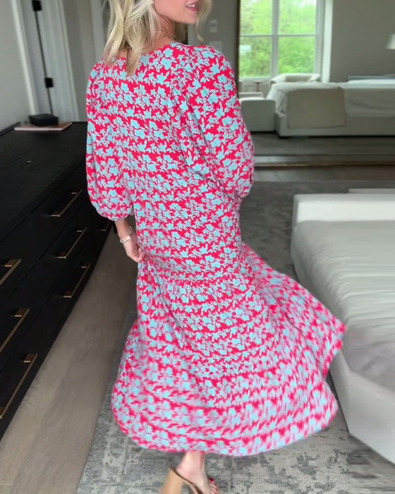 V-ringad blommig klänning med lykta ärm