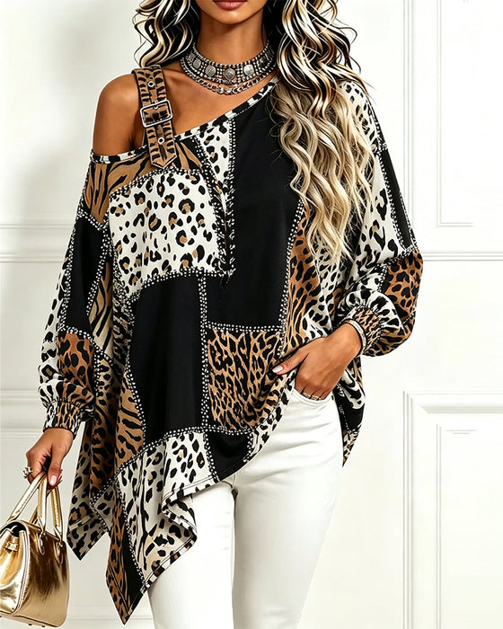 Blus Leopard Tryck Patchwork Asymmetrisk Hals Lång Ärm