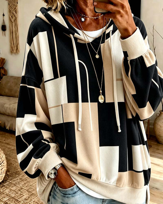 Sweatshirt Geometriskt Print Färgblock Dragsko