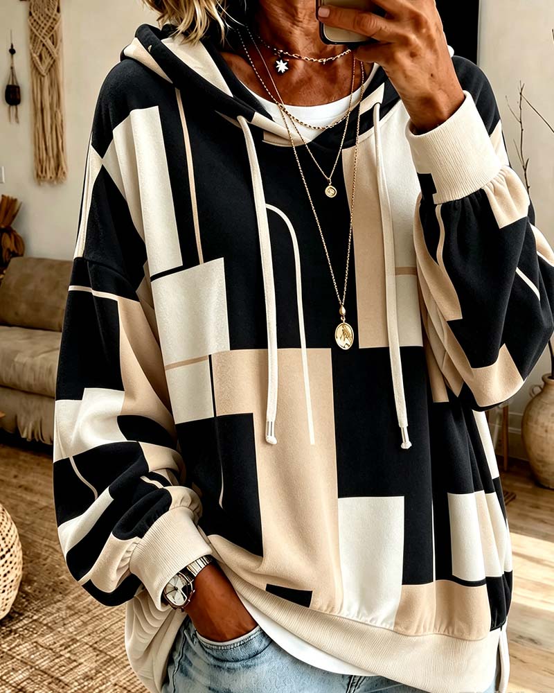 Sweatshirt Geometriskt Print Färgblock Dragsko
