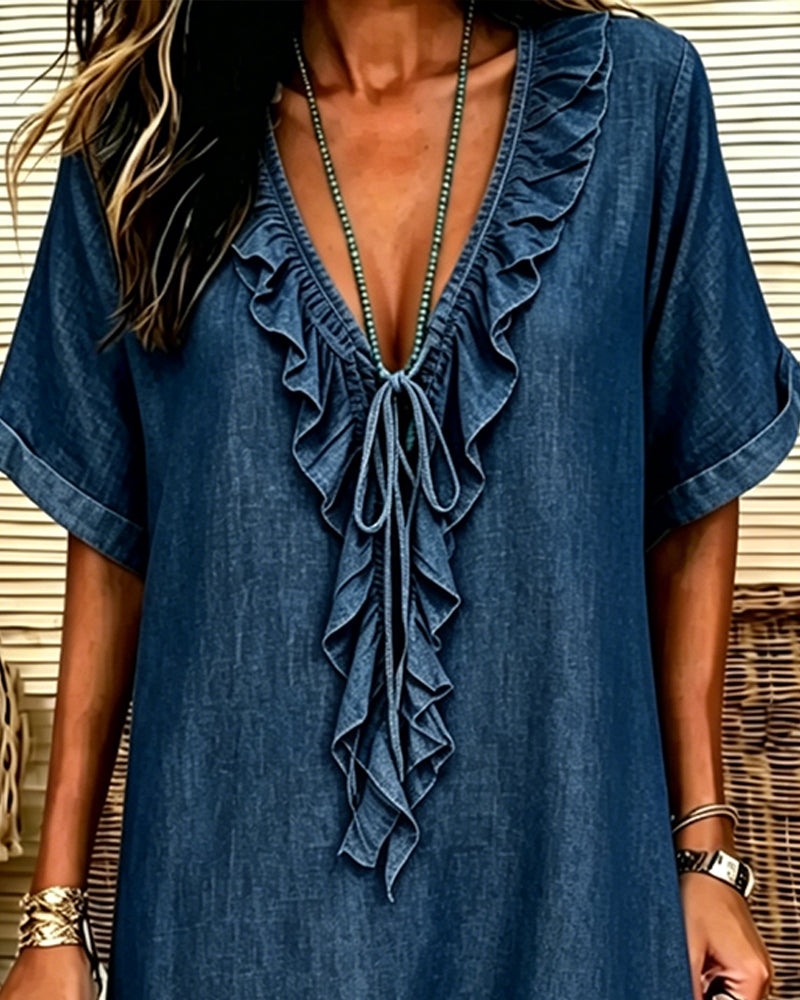 Klädning V-Hals Denim Ruffle