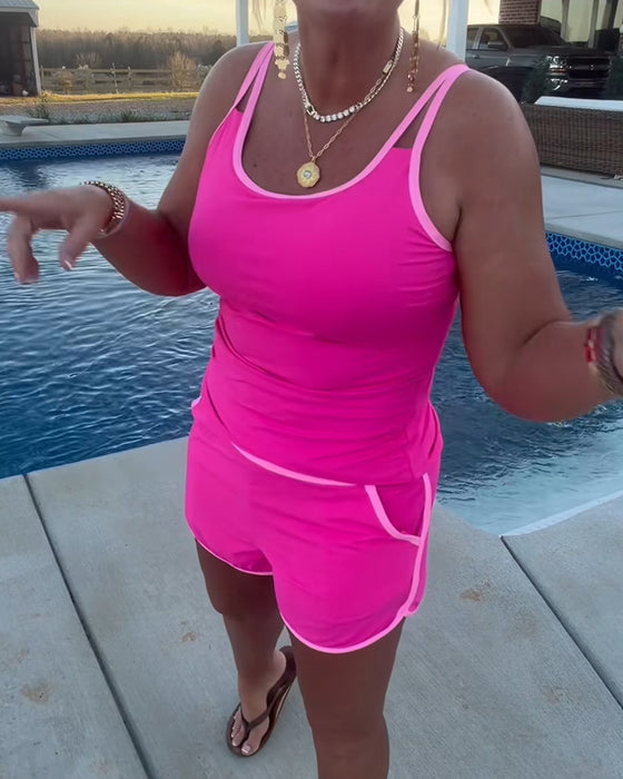 Tankini Med Färgkontrast Kantband Och Detaljer
