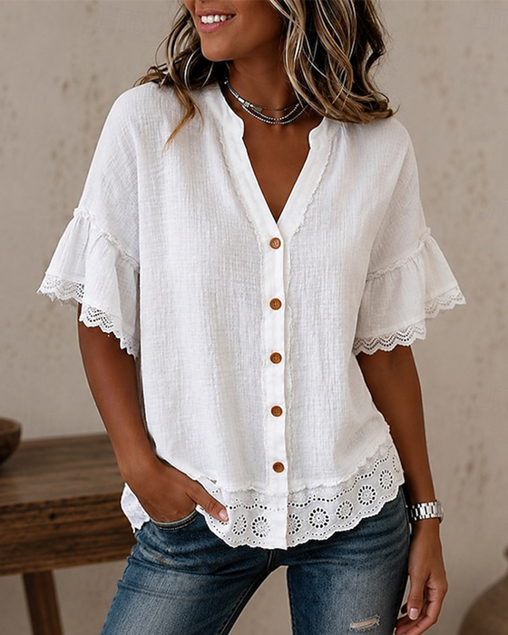 Blus V-ringad Spets Patchwork Knapp