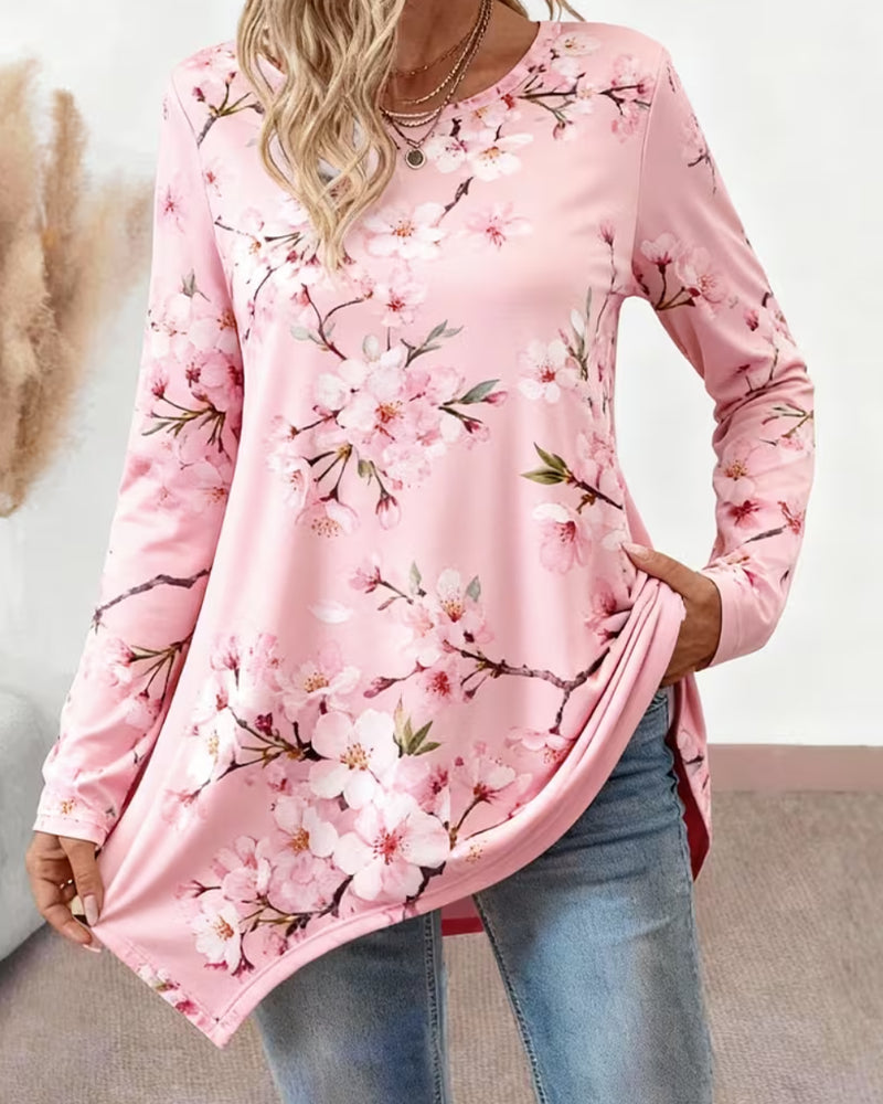Blus Rundhalsad Blommig Lång Ärm