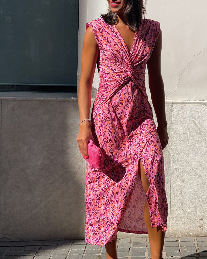 Klänning V-Ringning Vridknut Slits Print