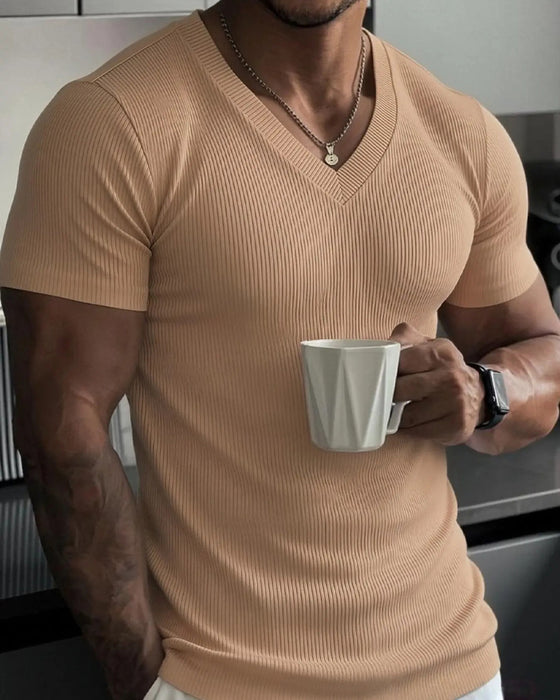 T-Shirt V-Hals Räfflad Solid Färg Herr