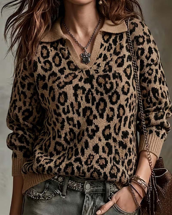 Pullover Krage Leopard V-Hals