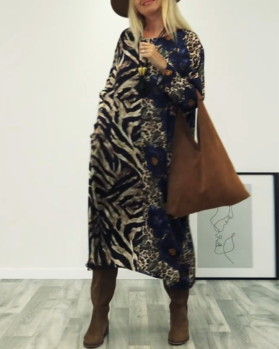 Snygg zebramönstrad leopardmönstrad patchworkklänning